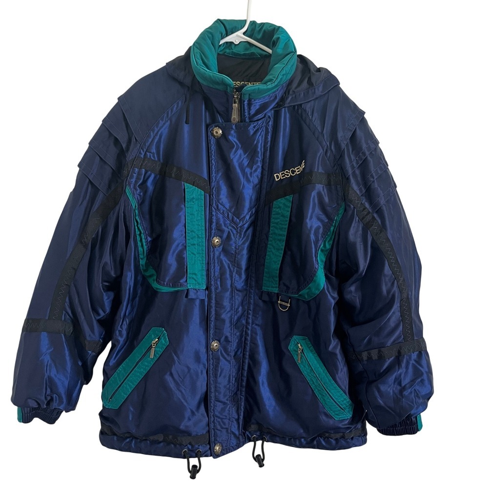 VTG Descente Men's Navy Teal Ski Snowboard Jacket Hooded Zip Up‎ Winter size XL